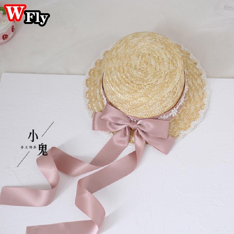 Harajuku Women Girls Summer Straw Hat Beach Sun Hat Handmade Sweet Lolita Cosplay Lace Bow Ribbon Straw Hats Decorate