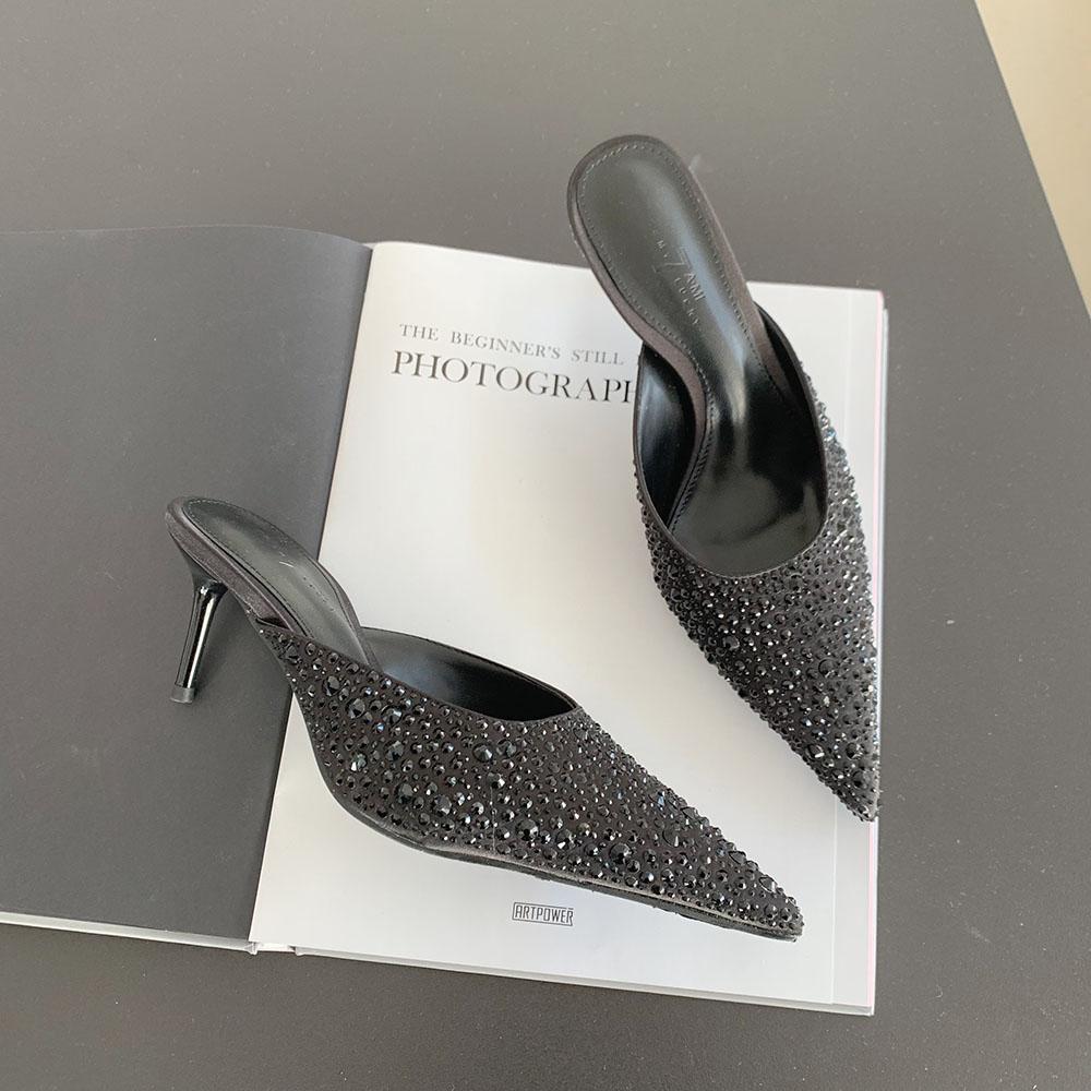 fashion Pointed Toe Women Sandals Slippers Black Pink White Shining Dress Shoes Thin High Heels 2024 New Arrivals Party Pumps Sexy Slide