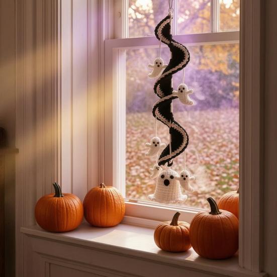 Decoração de Festival Interno Halloween Ornamento Pendurado Espiral de Crochê Kit DIY, Abóbora Fantasma Morcego Padrões Fáceis Gato Preto Artesanato Completo, Decoração de Feriado