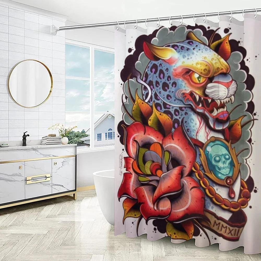 New School Tattoo Shower Curtain For Bathroom Sets Full Set Folding Partition Curtains Accessories Bath Bedrooms Houses Rooms