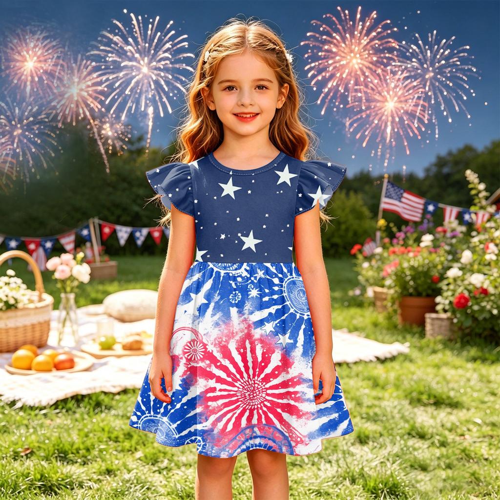 Girls' Summer Princess Dress - A-Line T-Shirt Dress Independence Day