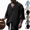 2025 Men's Summer Loose V-neck Knit T-shirt - Casual Short Sleeve, Plain Color Sports Tee