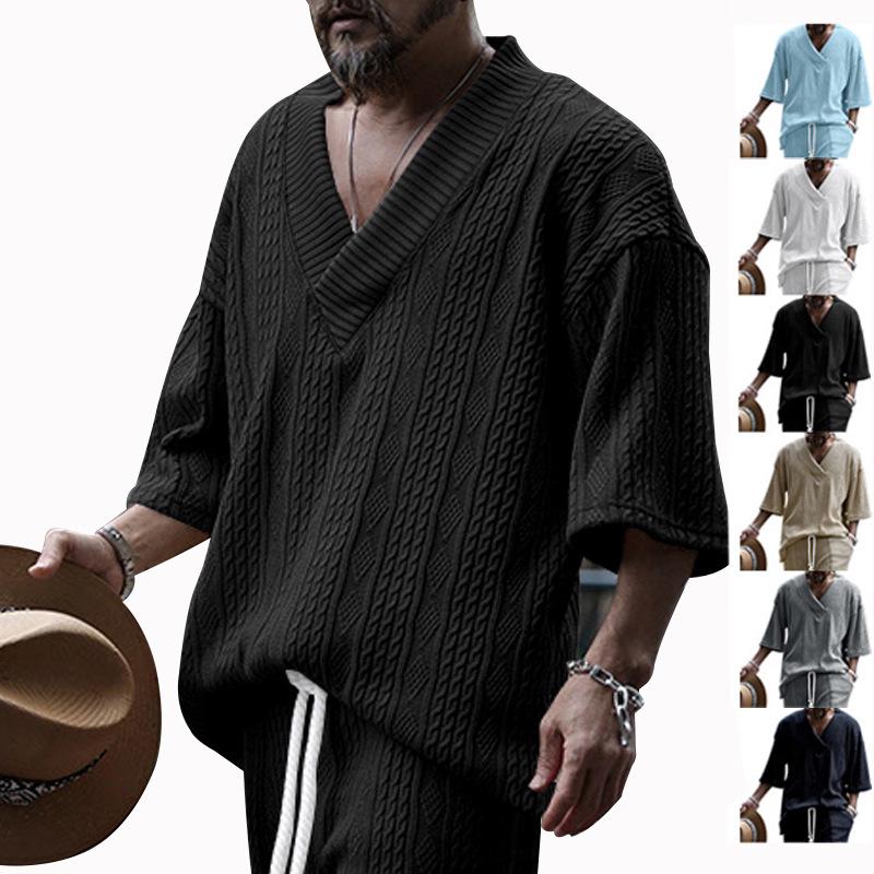 2025 Men's Summer Loose V-neck Knit T-shirt - Casual Short Sleeve, Plain Color Sports Tee