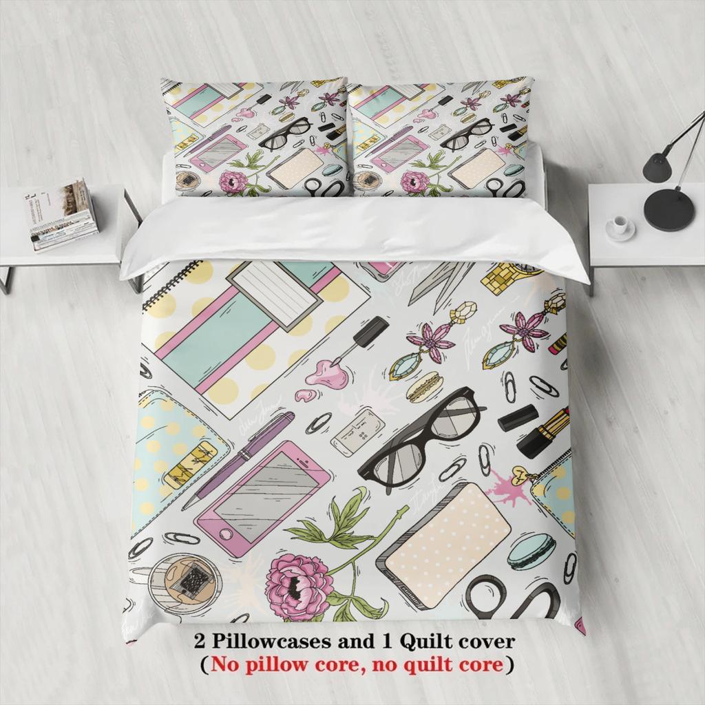 3Pcs Fashion Bedding Sets 3D Printed Stationery And Flowers Duvet Cover Sets With Pillowcases No Filling