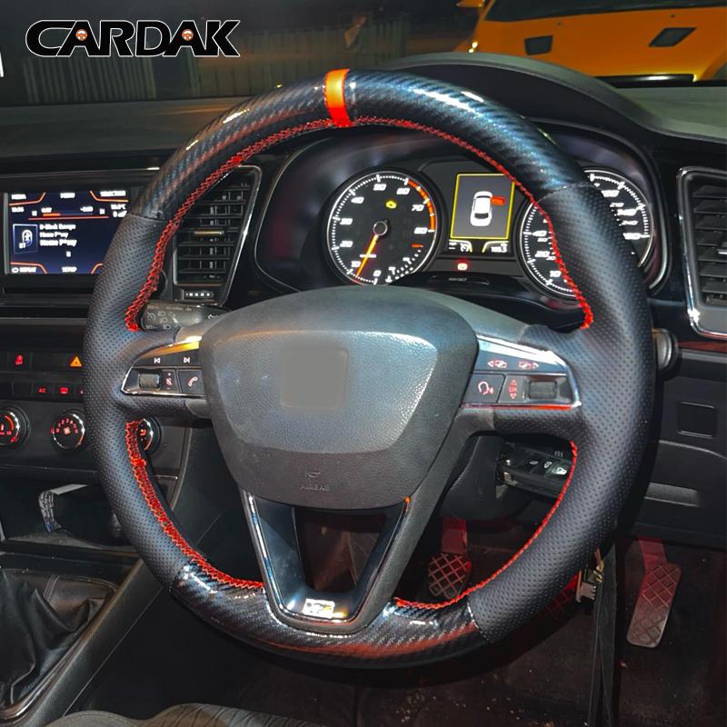 CARDAK DIY Black Leather Suede Car Steering Wheel Cover For Seat Leon 2013- Ibiza Alhambra Arona Ateca Tarraco Toledo