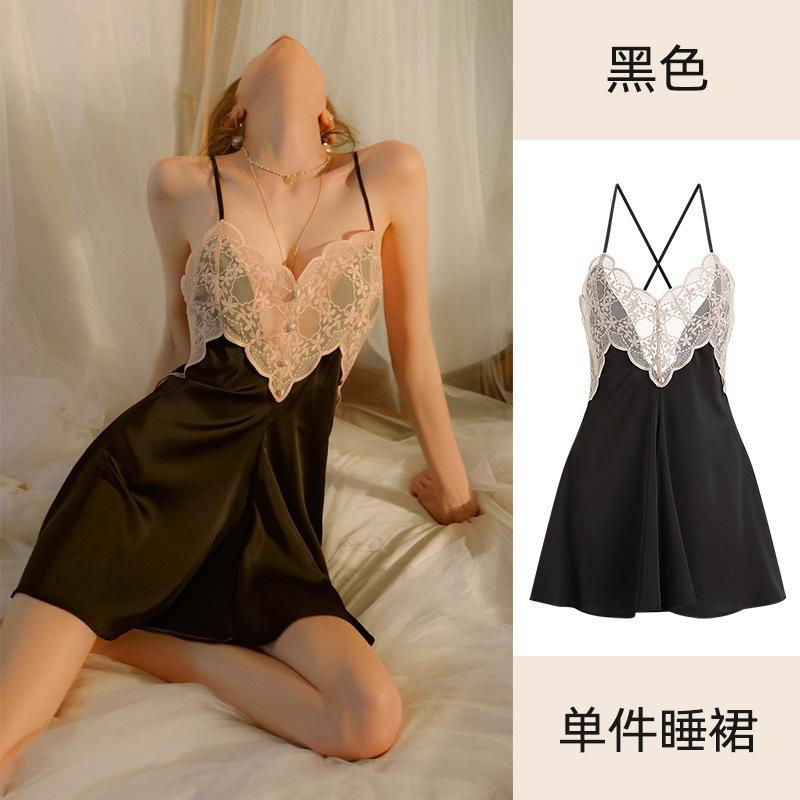 Sexy Pajamas Women's Ice Silk Summer Thin Style with Chest Pad New Summer Pure Lace Suspender Nightdress