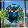 Acrylic Blue Owl with Yellow Flowers Suncatcher, Stained Glass Effect Window Hanging Ornament for Bird & Nature Lover Gifts