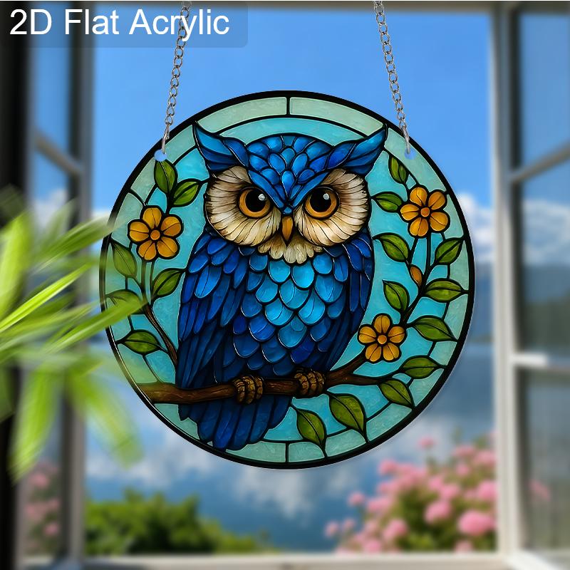 Acrylic Blue Owl with Yellow Flowers Suncatcher, Stained Glass Effect Window Hanging Ornament for Bird & Nature Lover Gifts