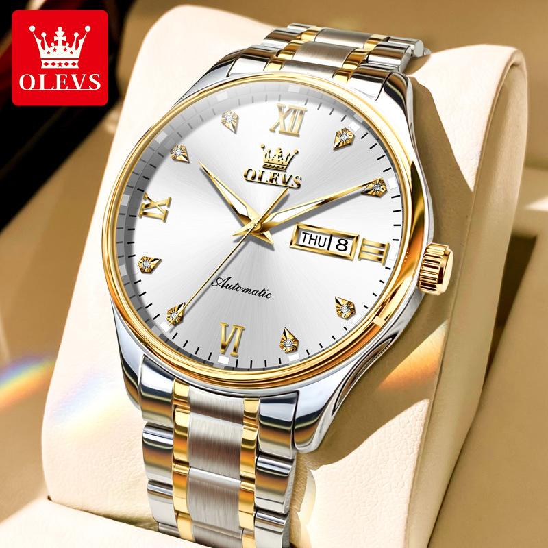 

Новинка 2023 года, брендовые автоматические механические часы OLEVS с двойным календарем, деловые простые водонепроницаемые мужские часы, мужские часы