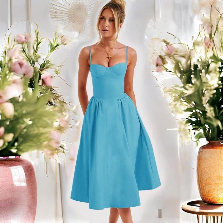 Women Print Dress High Waist Knee-Length Fashion Design Sense V-neck Backless Spaghetti Strap