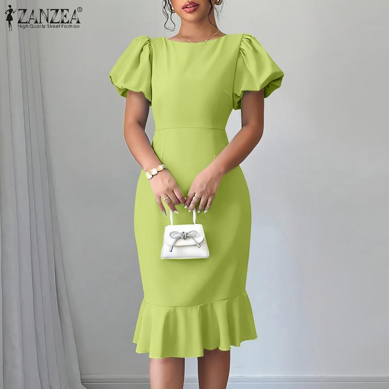 ZANZEA Women Casual Round Neck Summer Puff Short Sleeve Dress