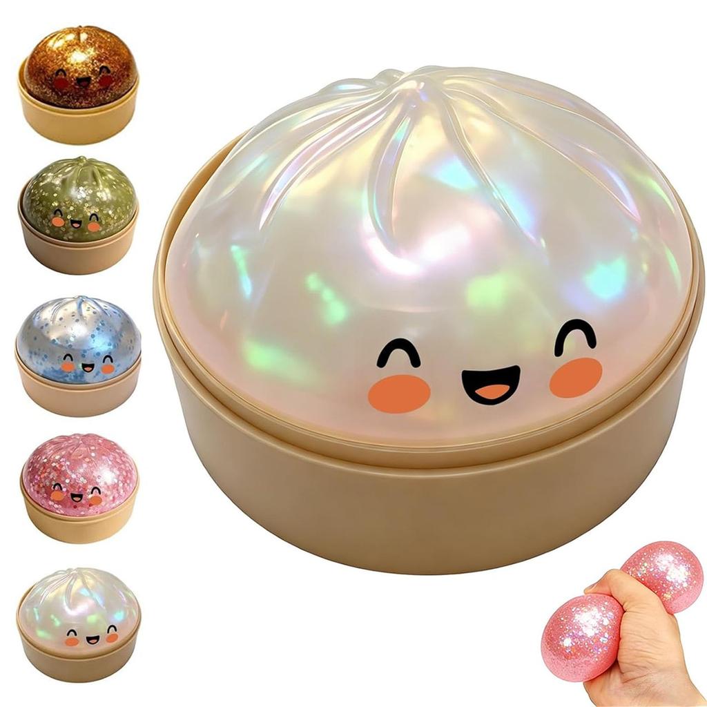 Glitter Dumpling Squishy with Steamer Box, Stress Relief Squeeze Fidget Toy, Glitter Mystery Dumpling Relaxation Toy for Adults, 5 Color Options