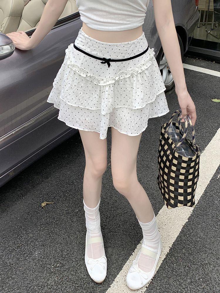 High-Waisted Slimming Ballet-Style Mini Skirt For Women Summer Sweet A-Line Skirts With Dots Print Bow