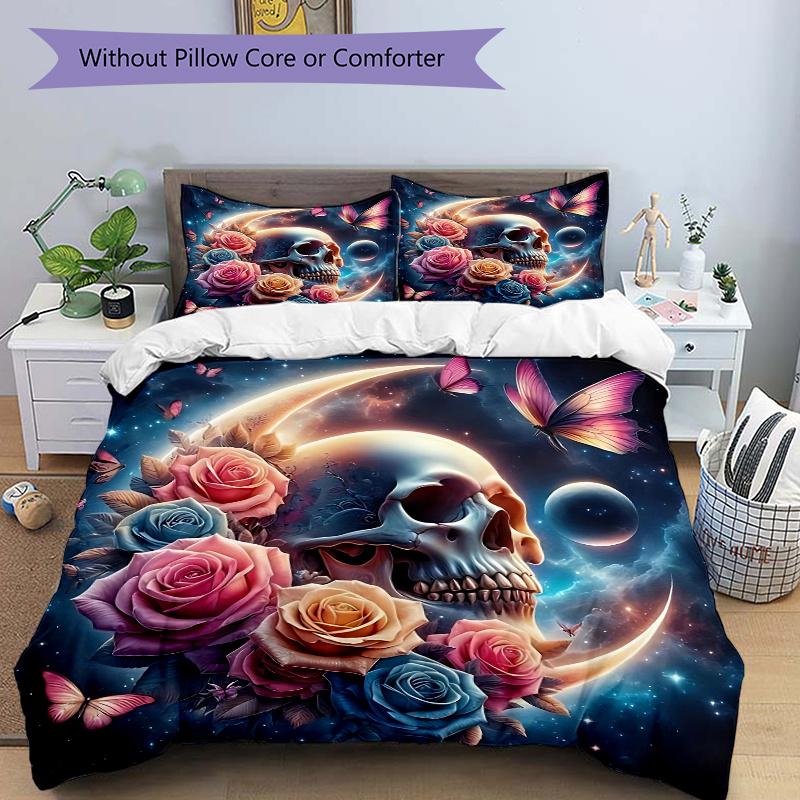 3pcs Skull Surrounded by Roses Butterflies and Celestial Moons Quilt Cover Set (1 Quilt Cover + 2 Pillowcases Without Pillow Core), High-Definiti 135x200cm
