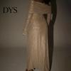 Bodycon Paillettenkleid Damen Abend Bateau-Ausschnitt Schulterfrei Lange Ärmel Schimmerndes Formelles Kleid Bronzefarben Trägerlos Abiball Cocktailparty Maxi