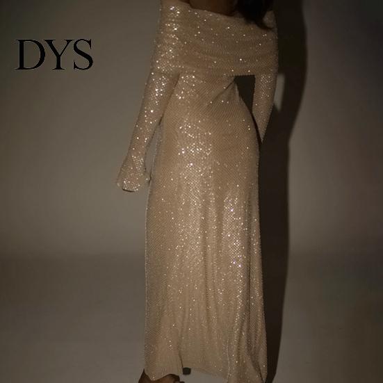 Bodycon Paillettenkleid Damen Abend Bateau-Ausschnitt Schulterfrei Lange Ärmel Schimmerndes Formelles Kleid Bronzefarben Trägerlos Abiball Cocktailparty Maxi