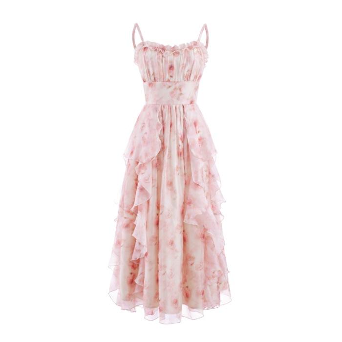 2026 summer new Eden oil painting smudge printing waist ruffle edge suspender skirt Korean version temperament dress