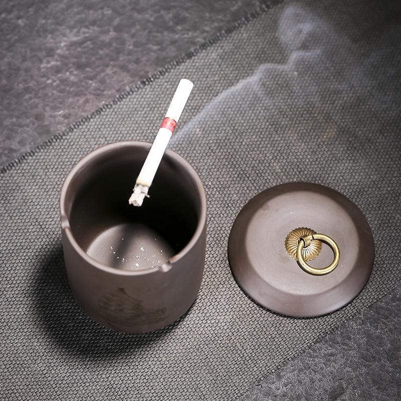 Straight Cylindrical Ceramic Purple Clay Ashtray for Men Creative Office Personalized Living Room Chinese Style Home Decor