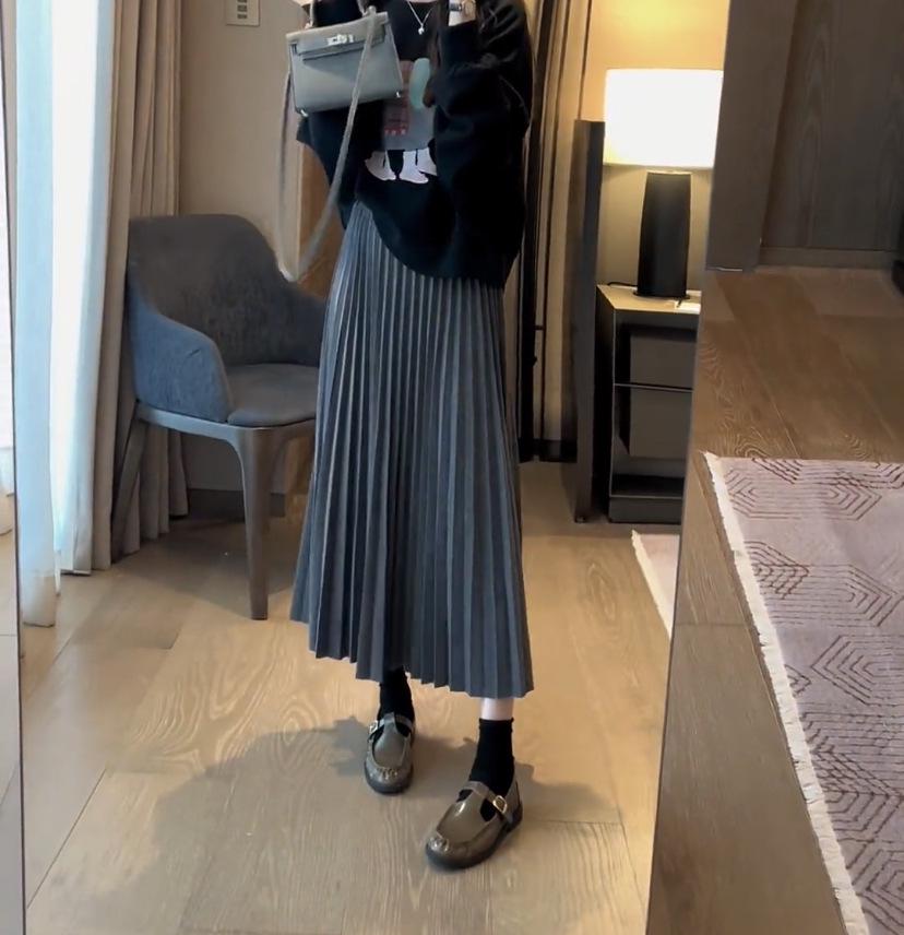 

Hepburn A-line Plaid Wool Skirt for Fuller Figures - Elegant Autumn/Winter Drape, Hip-Covering Long Skirt Small темно-серого