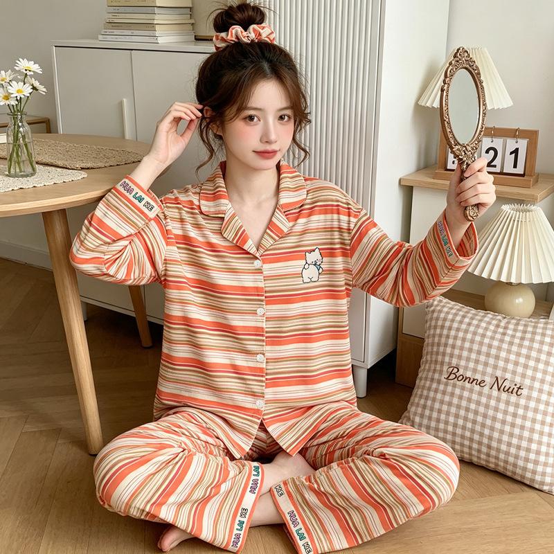 Natal year pajamas women's spring and autumn new imitation cotton long-sleeved red cute cartoon loungewear two-piece set