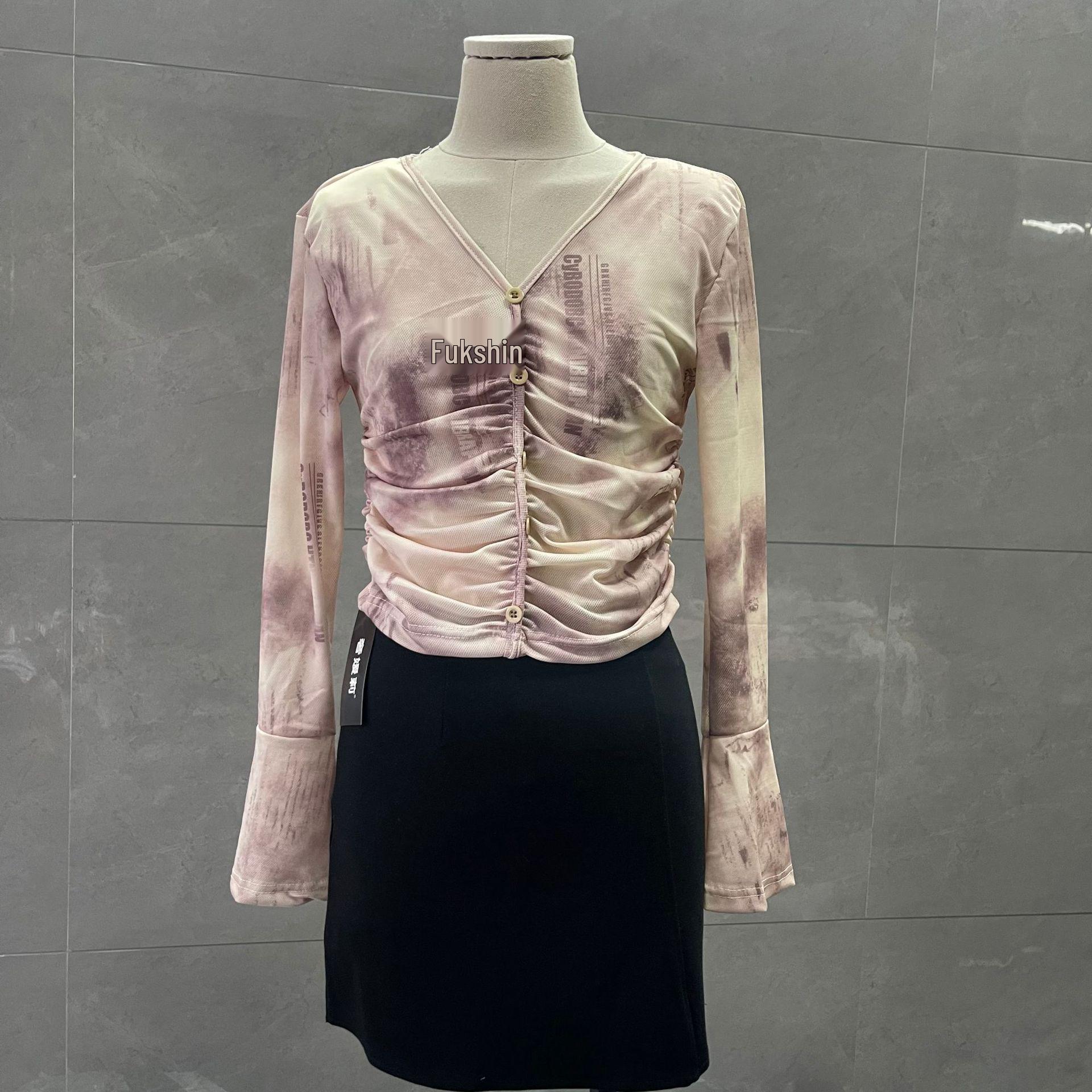 

Элегантная французская блузка приталенного кроя с V-образным вырезом - женский кардиган от солнца на весну/осень XL (Recommended for ~125 lbs)