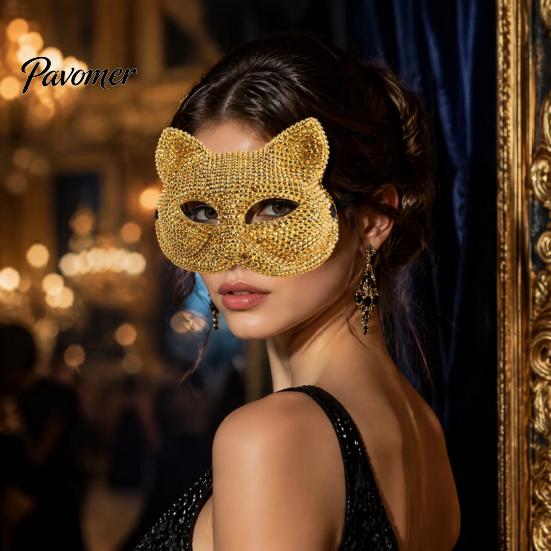 Luxury Rhinestone Costume Mask Full Halloween Mask, Sparkling Skull And Cat Face Carnival Adjustable Elastic Straps for Theme Dances Decorative Party