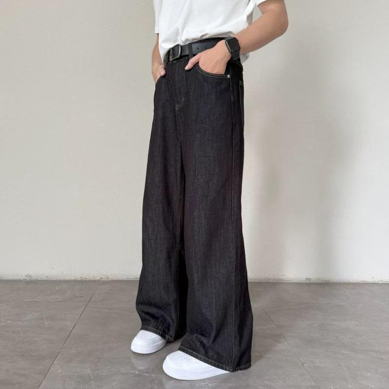 Unisex Dark Raw Denim Wide Leg Jeans High Waist Loose Fit Casual Trousers