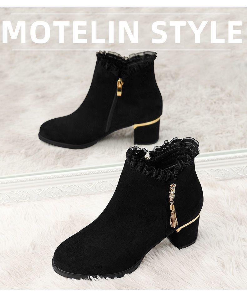 Damskor, Frostad Läder, Rund Tå, Tjock Klack, Ankelboots - Plus Sammet Varma