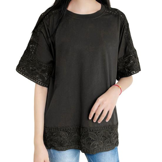 Women Casual T-shirt Round Neck Hollow Lace Stitching Half Sleeve Pullover Tops Solid Color Loose Fit Summer Tops