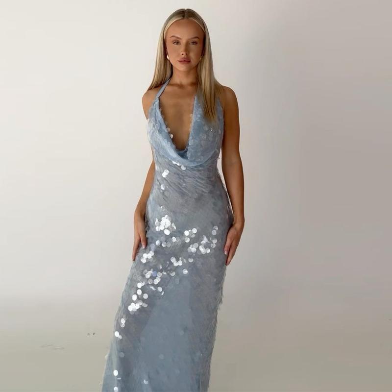 Elegantní flitrové společenské šaty bez zad pro ženy, plisé, šněrovací modré maxi večerní šaty, letní dámské tenké róby