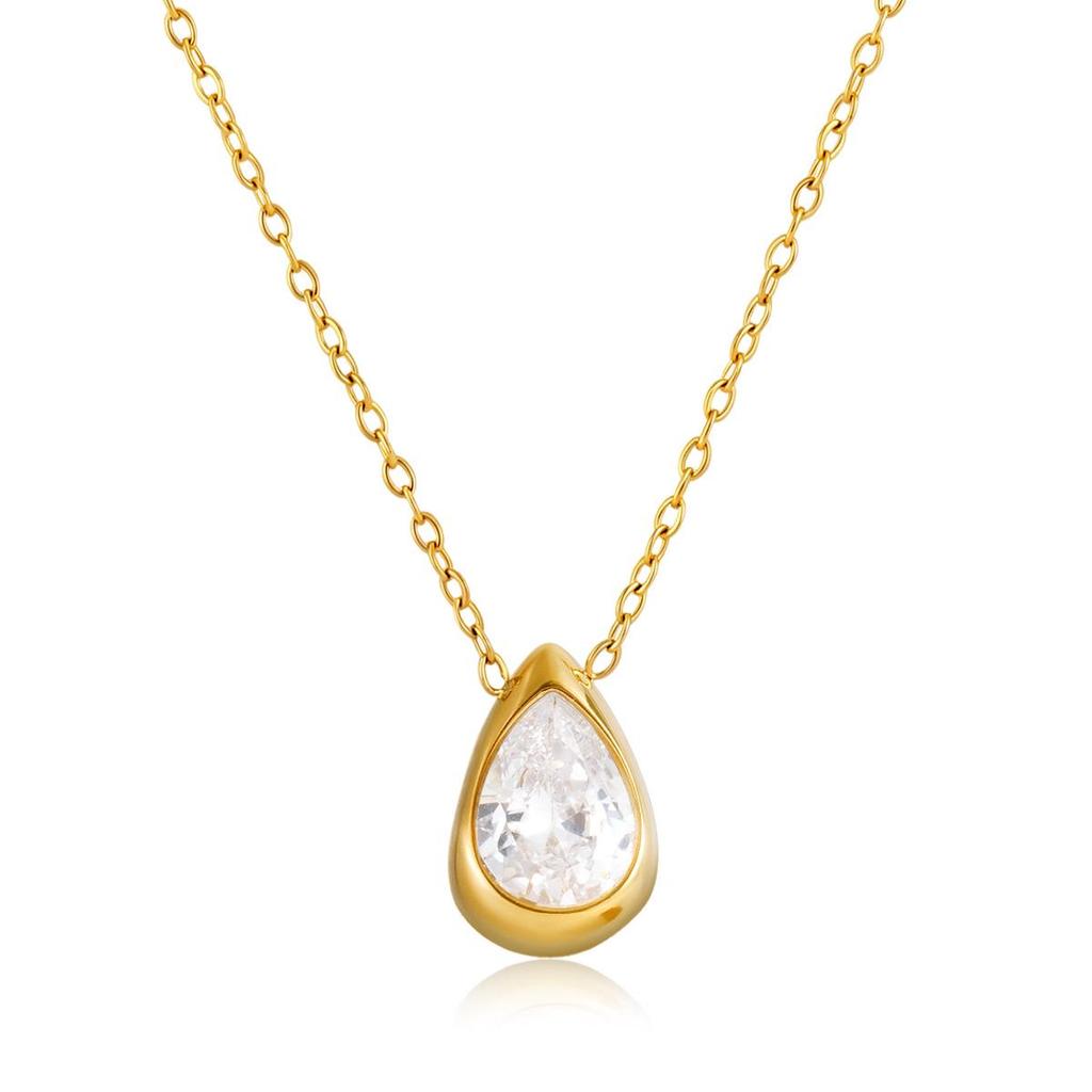 Wanxing Women's 18K Gold Plated Stainless Steel Necklace & Earrings Set with White Drop Zirconia, Light Luxury Jewelry Gift.