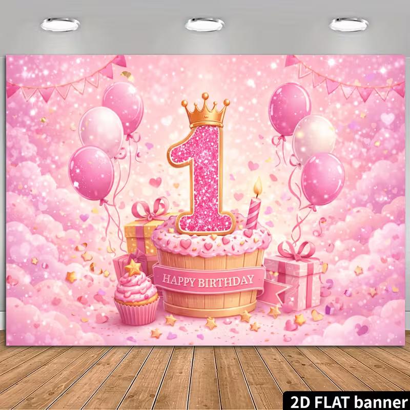 2D Glam Pink Purple 21st Birthday Backdrop with Crown and Gemstones Party Decor Banner