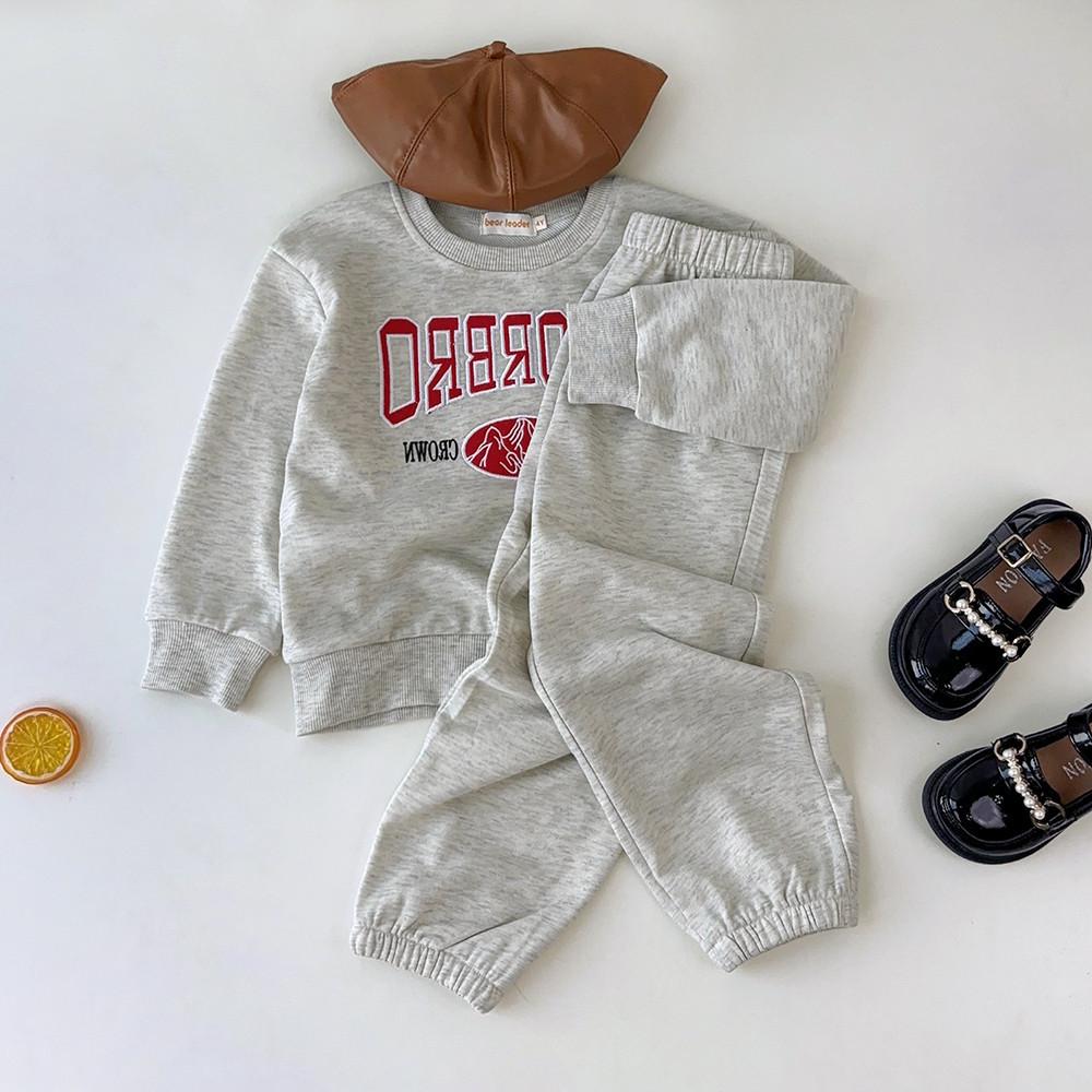 Bear Leader Autumn Girls' Set Grey Long Sleeve Letter Embroidered Top+Solid Color Pants Two Piece Set 3-7 Year Old Children's Casual Wear TZ218