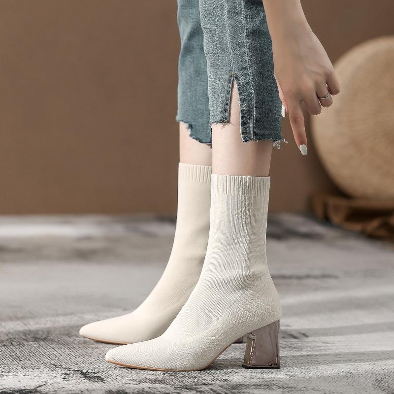 

Knitted Skinny Boots Socks Boots Women s 2024 New Spring and Autumn Fleece Warm High Heel Elastic Boots Thick Heel Short Boots Women 40