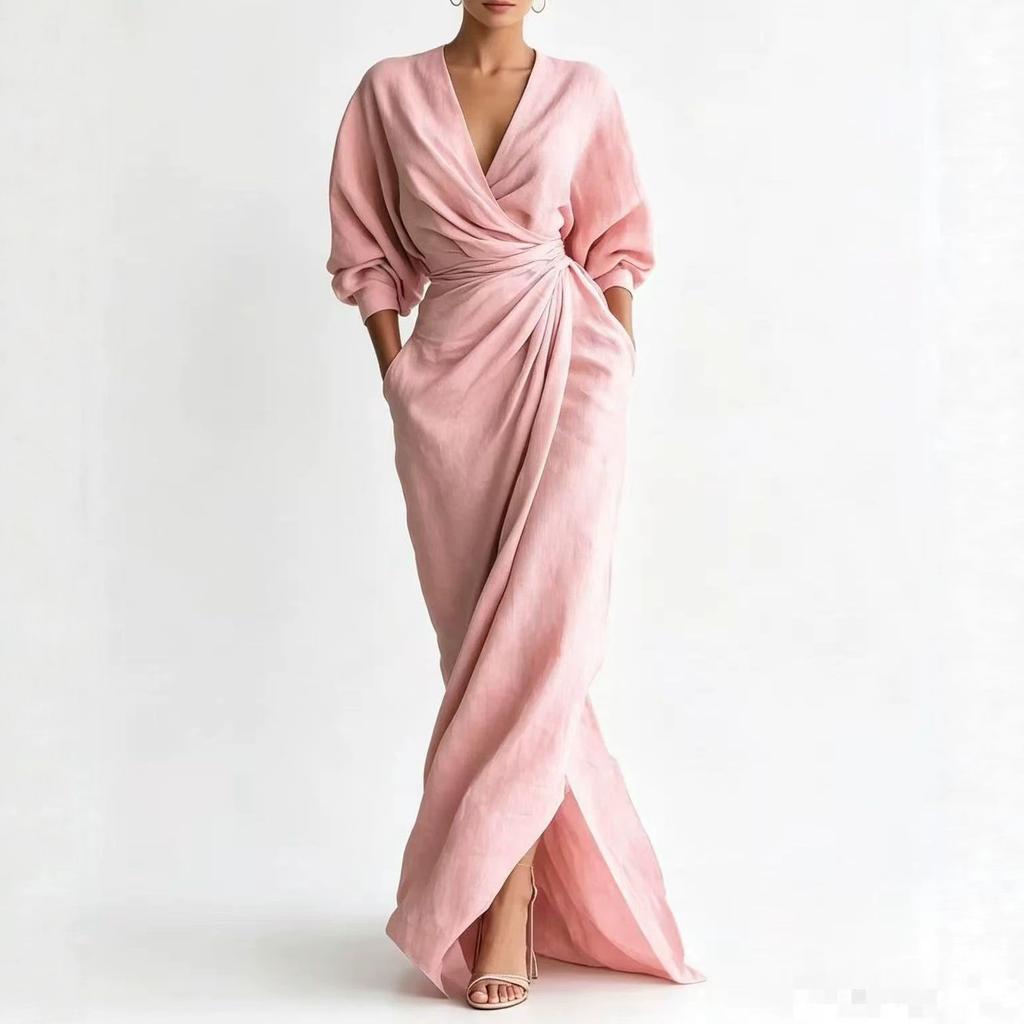 Neue europäische und amerikanische Damenbekleidung einfarbig V-Ausschnitt Langarm gespaltene Taille Tasche Kleid Damen