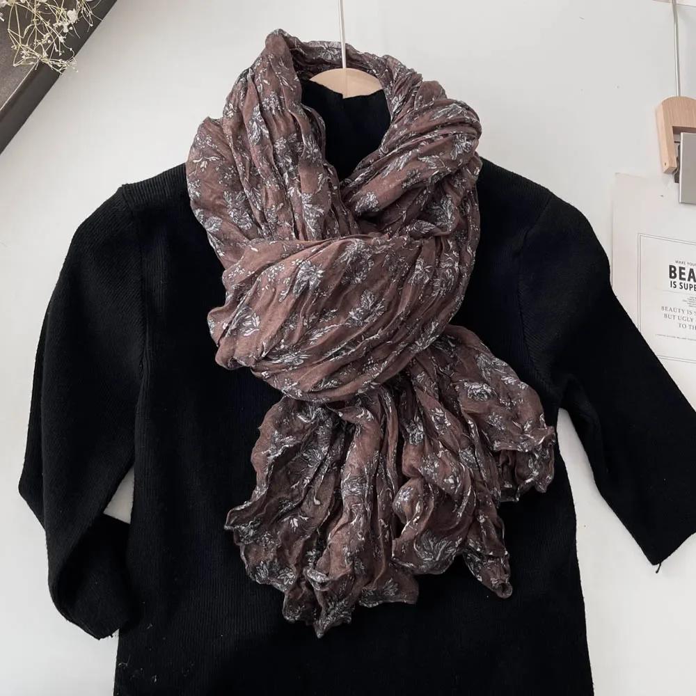 Retro Printed Scarf with Pleats Japanese Style Artistic Light and Thin Cotton and Linen Texture Long Casual Shawl Korean Version