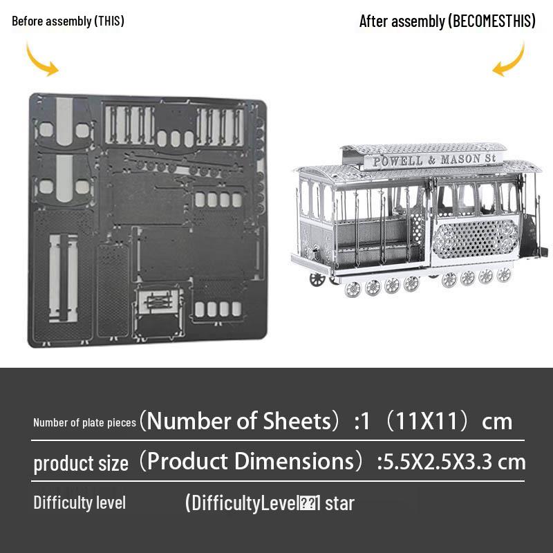 All-Metal 3D Tracked Sightseeing Tram Puzzle Toy - Stainless Steel DIY No-Glue Model