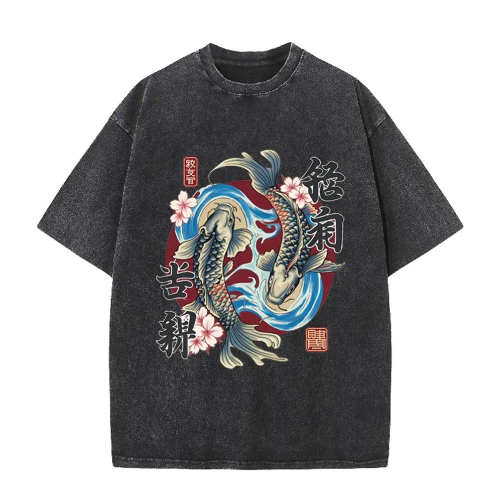 2026 Mens Japanese Style Koi Fish Carp Printed Crew Neck Tee 100 Pure Cotton Loose Fit Soft Breathable Short Sleeve Daily Walkin