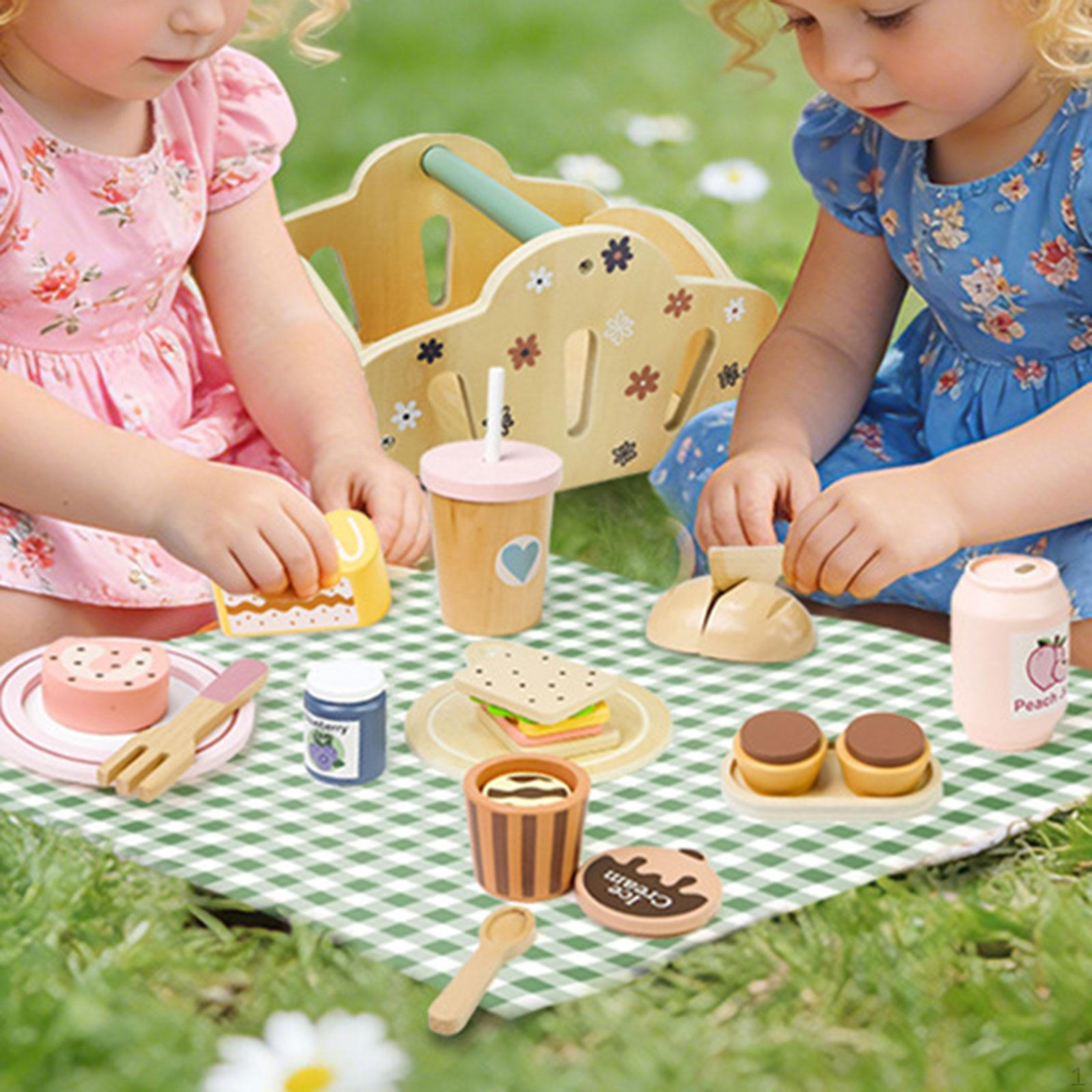 Picnic Basket Toy Educational Role Play Party Favor Accessory Simulation Food Playset Wooden for