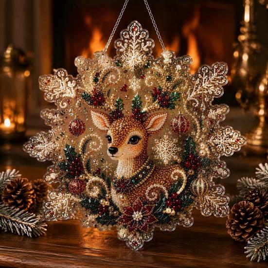 Handmade Christmas Tree Decor Faux Pearl Painting Suncatcher Kit, Acrylic Snowflake Shaped Board with Lace Relaxing Holiday Activity Edge, 3D Gemstone