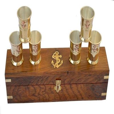Set of 6 Silver Coated Brass Wine Glass Anchor Design Wine Beer Shot Glass 5.08 Cm Shot Party Peg Measuring Glass Home Bar Decor with Wooden Box
