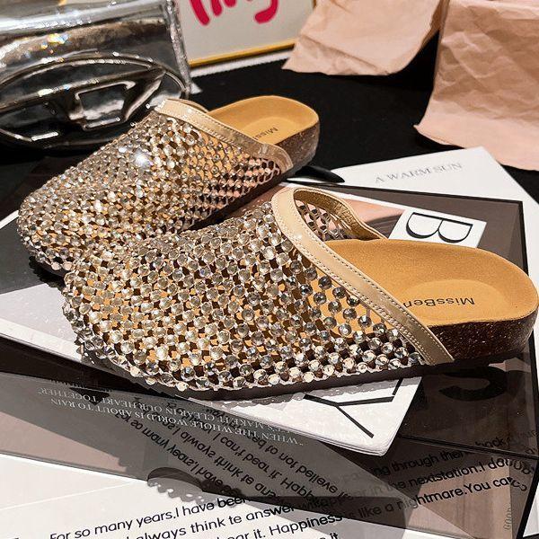 2025 Summer Rhinestones Full Diamonds Fishing Net Baotou Big Head Baotou Half Slippers Sandals Toboken Shoes Flat Women's Shoes