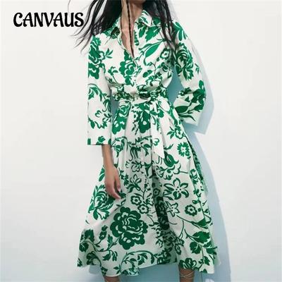 Women's Petticoat Dress Printed with Belt Cardigan Long Dress