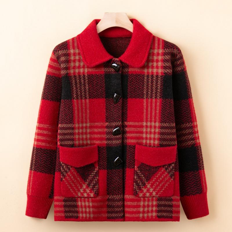 Middle-aged mother plaid knitted sweater jacket the elderly new spring and autumn lapel top cardigan sweater women