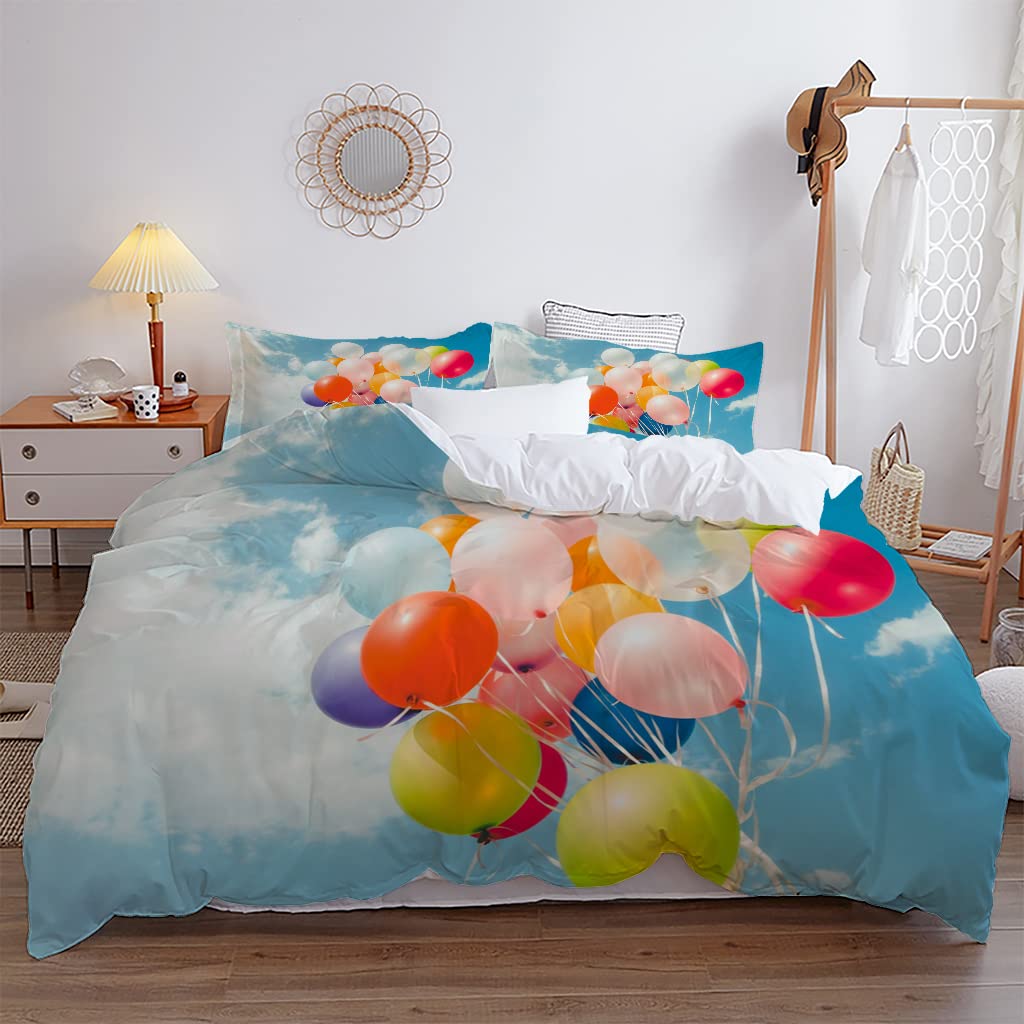 Watercolor Duvet Cover Hand Painted Style Floating Hot Air Balloons Clouds Print Decorative Bedding Set Blue Pink Coral Children