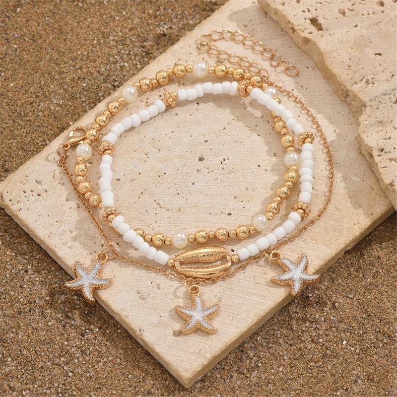 Bohemian Styles Shell Anklets Set with Starfish and Cowrie Charm Adjustable Beach Foot Jewelry for Women