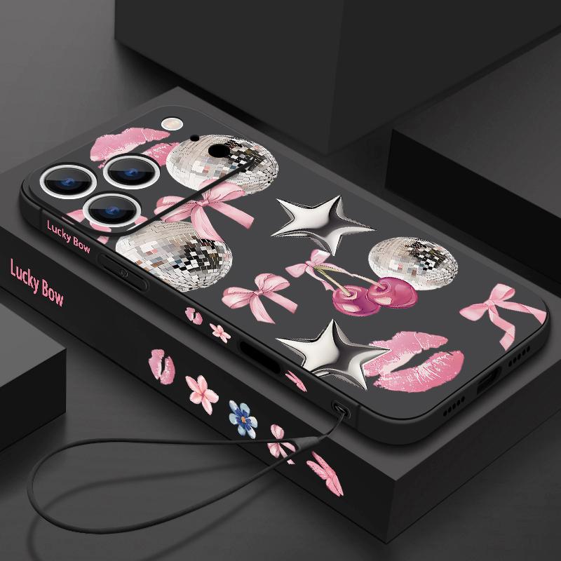 Für iPhone 17 Pro Max Hülle Kirsch-Schleifen Lippen Discokugel Weiches Silikon Lanyard Hülle Für iPhone 16 Pro Max Hülle iPhone 15 14 13 12 11 16E