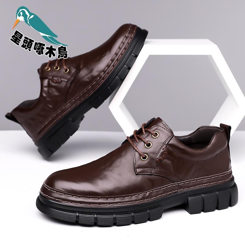 Platform business casual leather shoes men's high-end spring new hand-scratched men's shoes head leather shoes