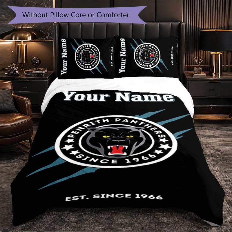 Set Biancheria da Letto Personalizzato Penrith Panthers con Testo Nome, 1 Copripiumino & 2 Federe Regalo Personalizzato per Camera da Letto