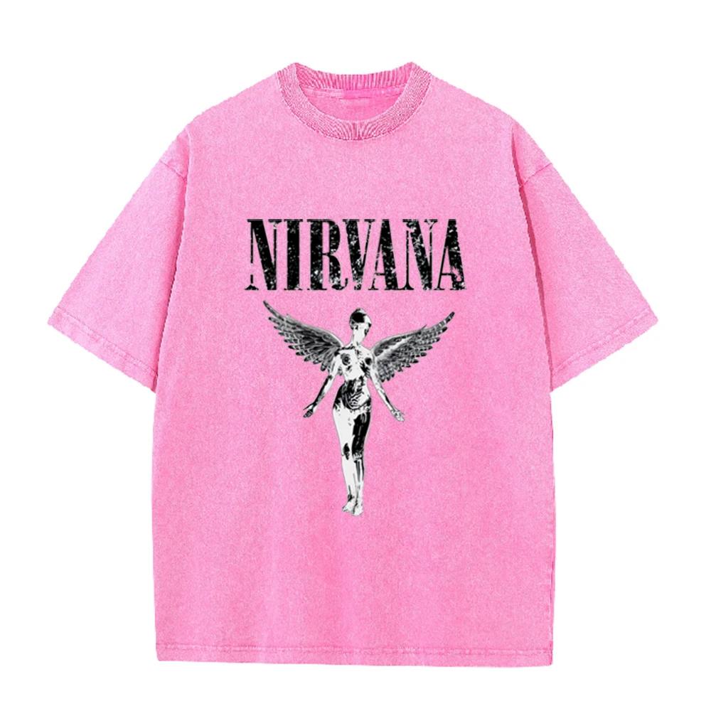 T-shirt Lavata Vintage Nirvana Punk Rock Angelo d'Argento Stampa Teschio Maniche Corte Larghe